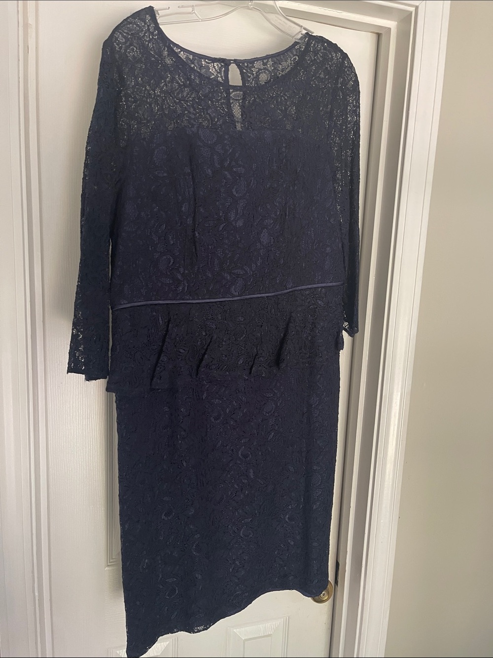 Adrianna Papell Navy Lace Long-Sleeve Peplum Dress
